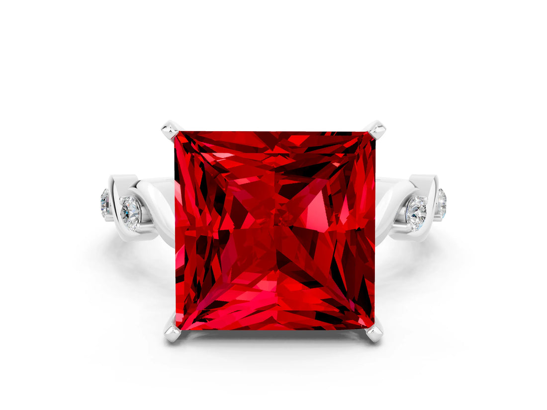 White gold Princess Cut Ruby Solitaire Twisted Band with Round  Accents and Prong Setting_12