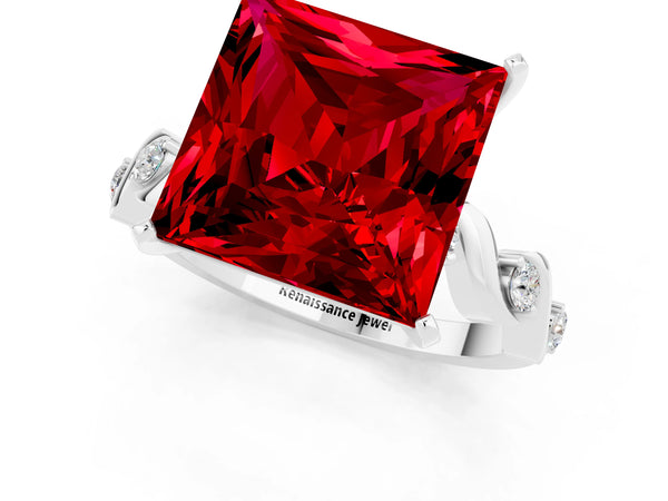 Platinum Princess Cut Ruby Solitaire Twisted Band with Round  Accents and Prong Setting