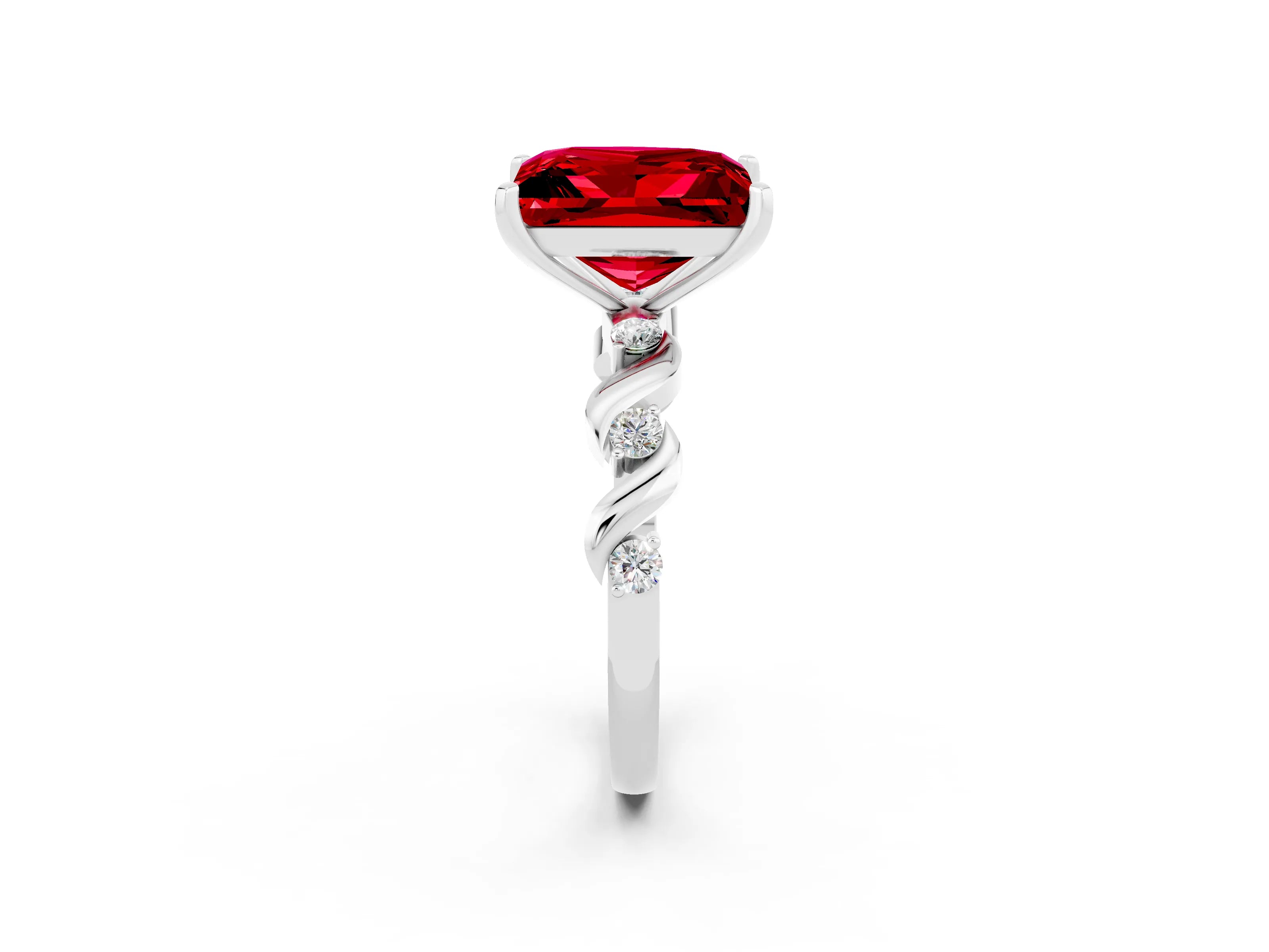 White gold Princess Cut Ruby Solitaire Twisted Band with Round  Accents and Prong Setting_14