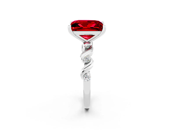 Silver Princess Cut Ruby Solitaire Twisted Band with Round  Accents and Prong Setting