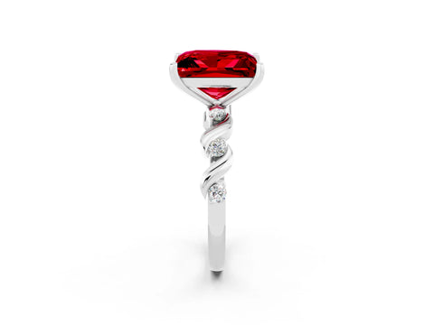 White gold Princess Cut Ruby Solitaire Twisted Band with Round  Accents and Prong Setting_14