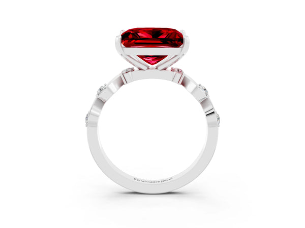 Platinum Princess Cut Ruby Solitaire Twisted Band with Round  Accents and Prong Setting