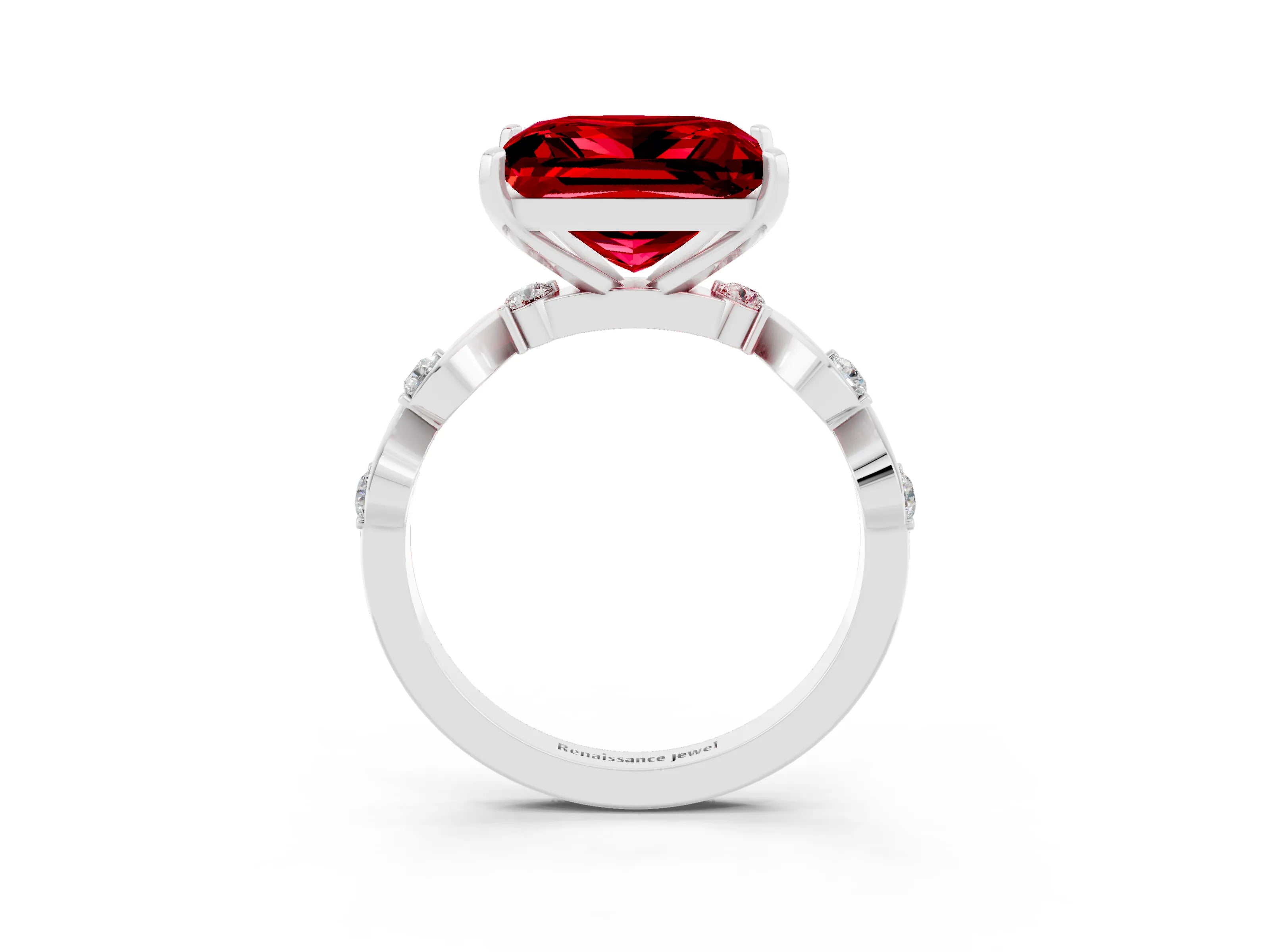 White gold Princess Cut Ruby Solitaire Twisted Band with Round  Accents and Prong Setting_15