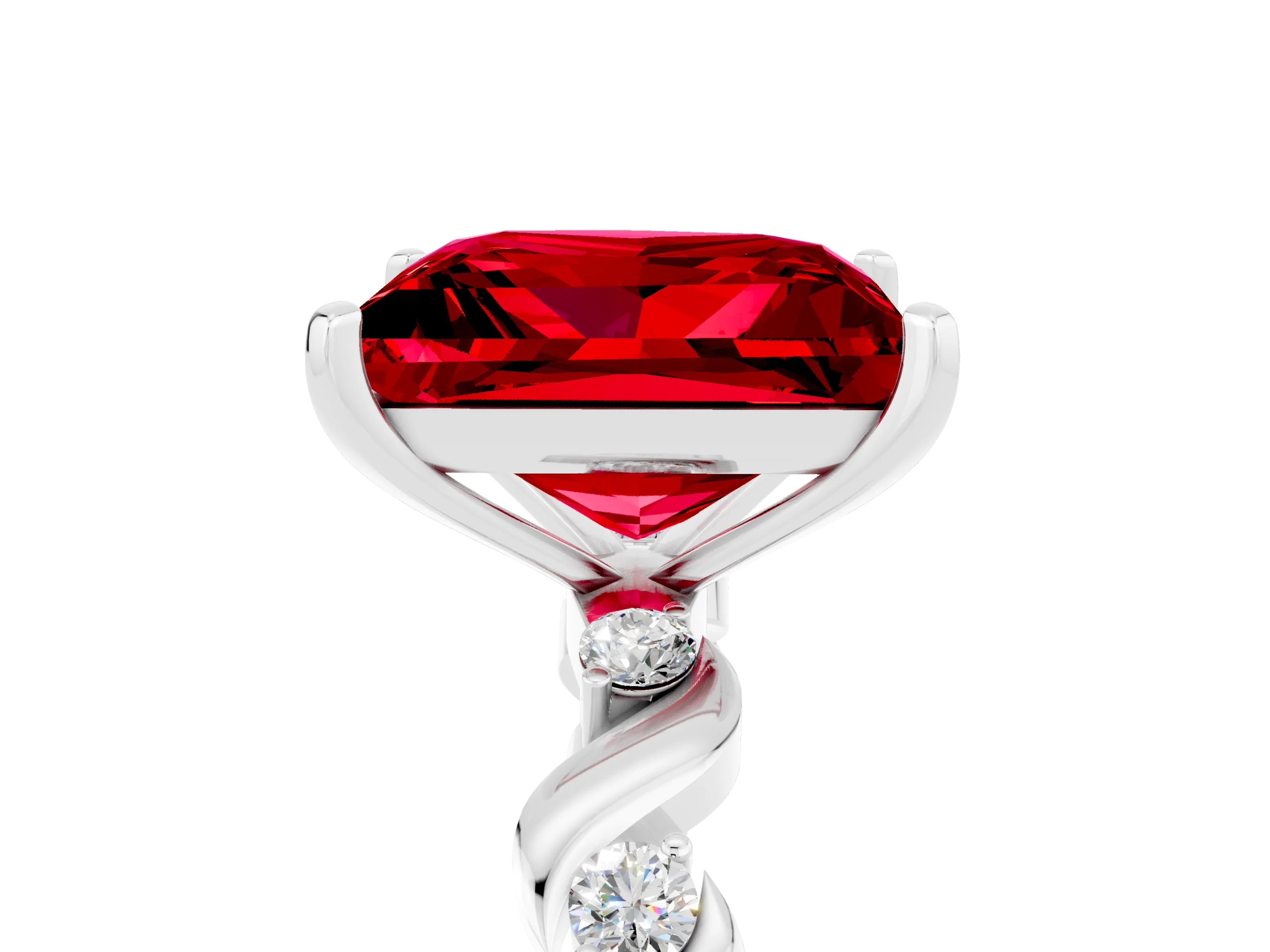 White gold Princess Cut Ruby Solitaire Twisted Band with Round  Accents and Prong Setting_17