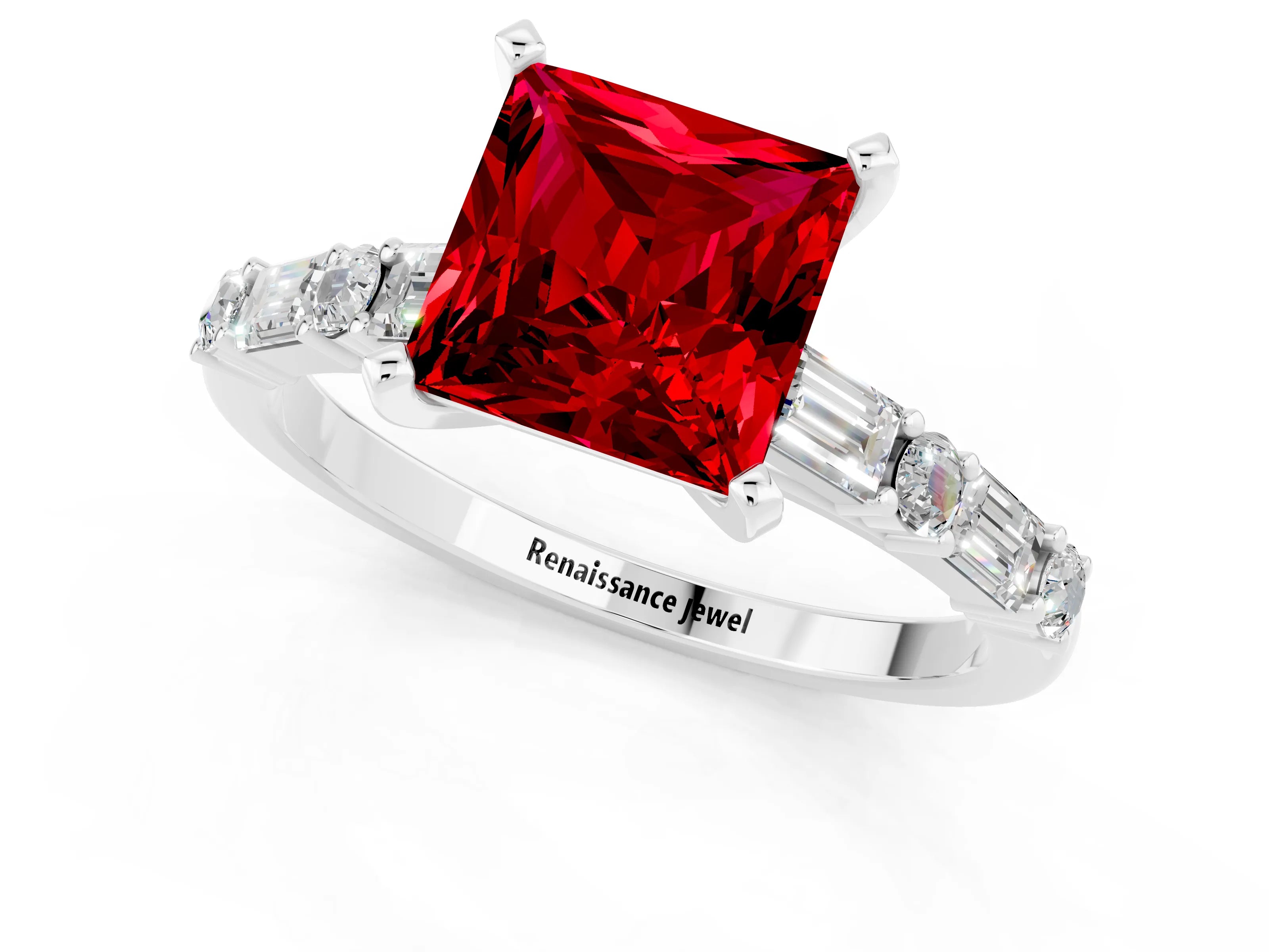 White gold Princess Cut Ruby Solitaire with Side Baguettes and Channel Set Band_1