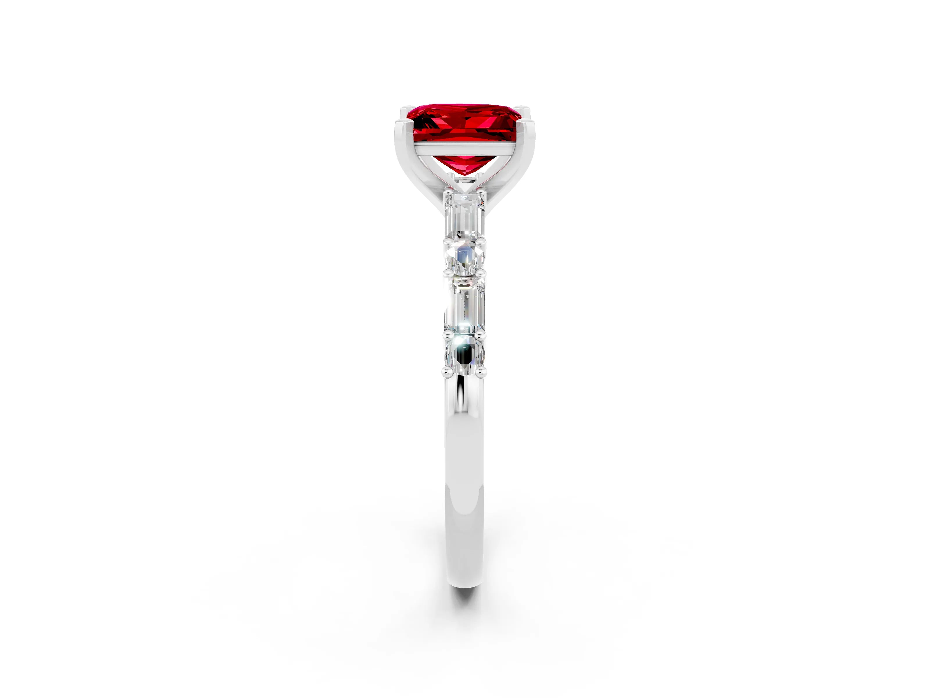 White gold Princess Cut Ruby Solitaire with Side Baguettes and Channel Set Band_2