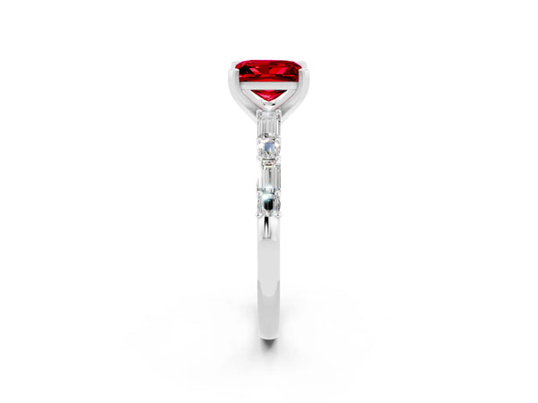 Silver Princess Cut Ruby Solitaire with Side Baguettes and Channel Set Band