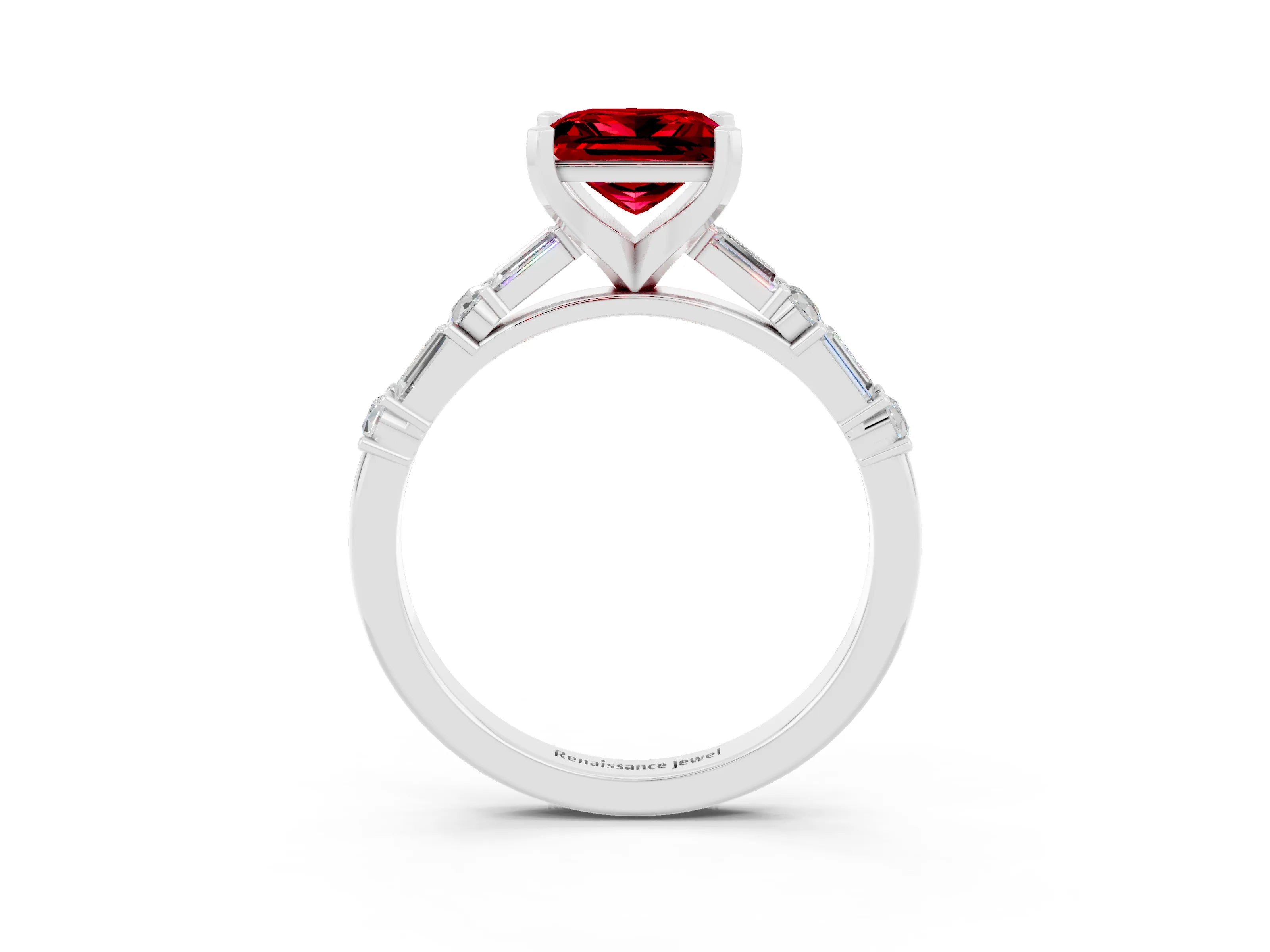 White gold Princess Cut Ruby Solitaire with Side Baguettes and Channel Set Band_3