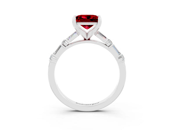Silver Princess Cut Ruby Solitaire with Side Baguettes and Channel Set Band