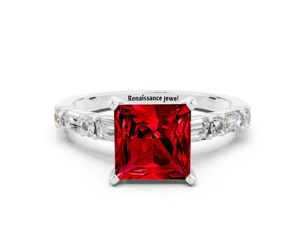 Silver Princess Cut Ruby Solitaire with Side Baguettes and Channel Set Band