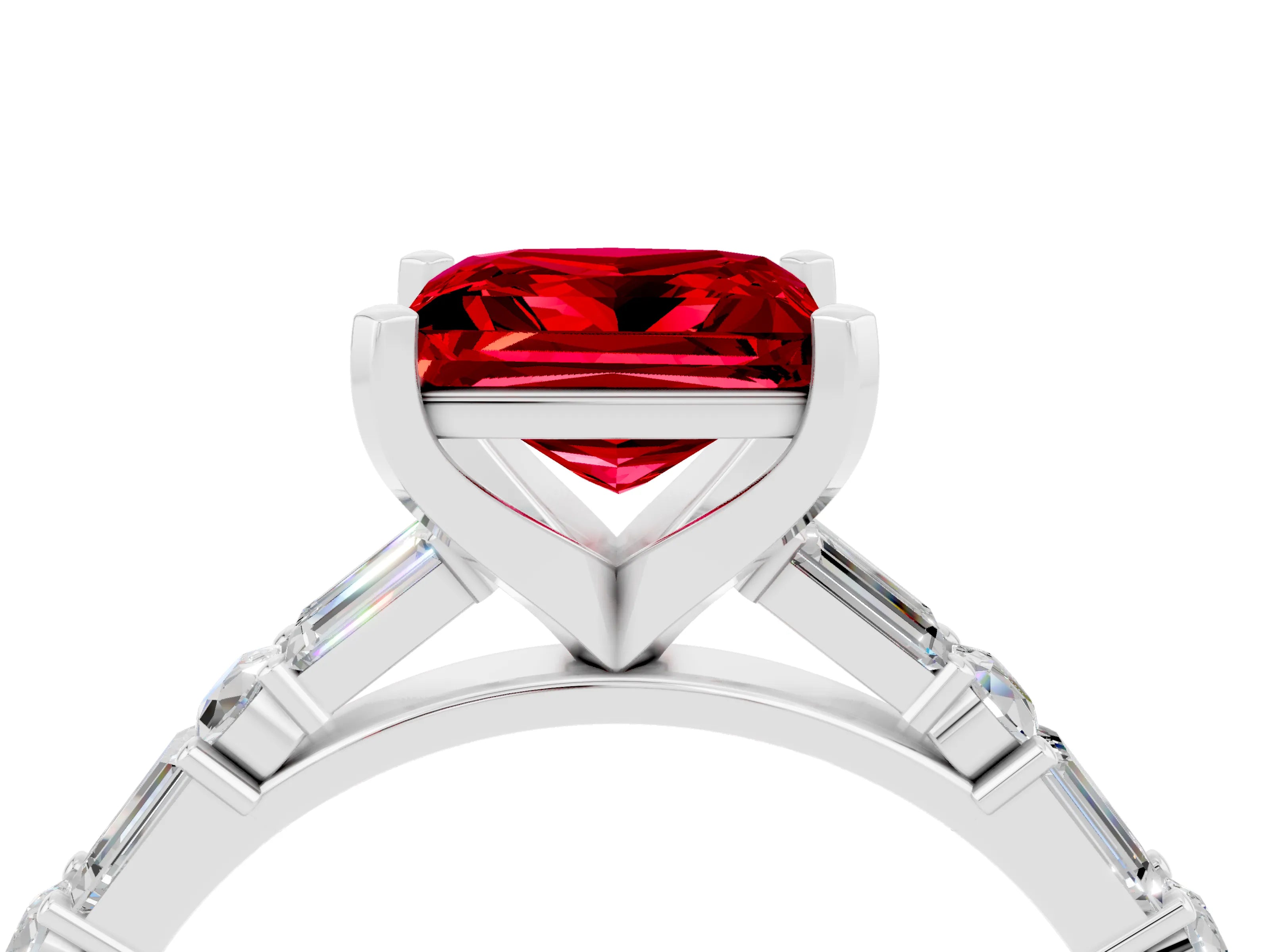 White gold Princess Cut Ruby Solitaire with Side Baguettes and Channel Set Band_4
