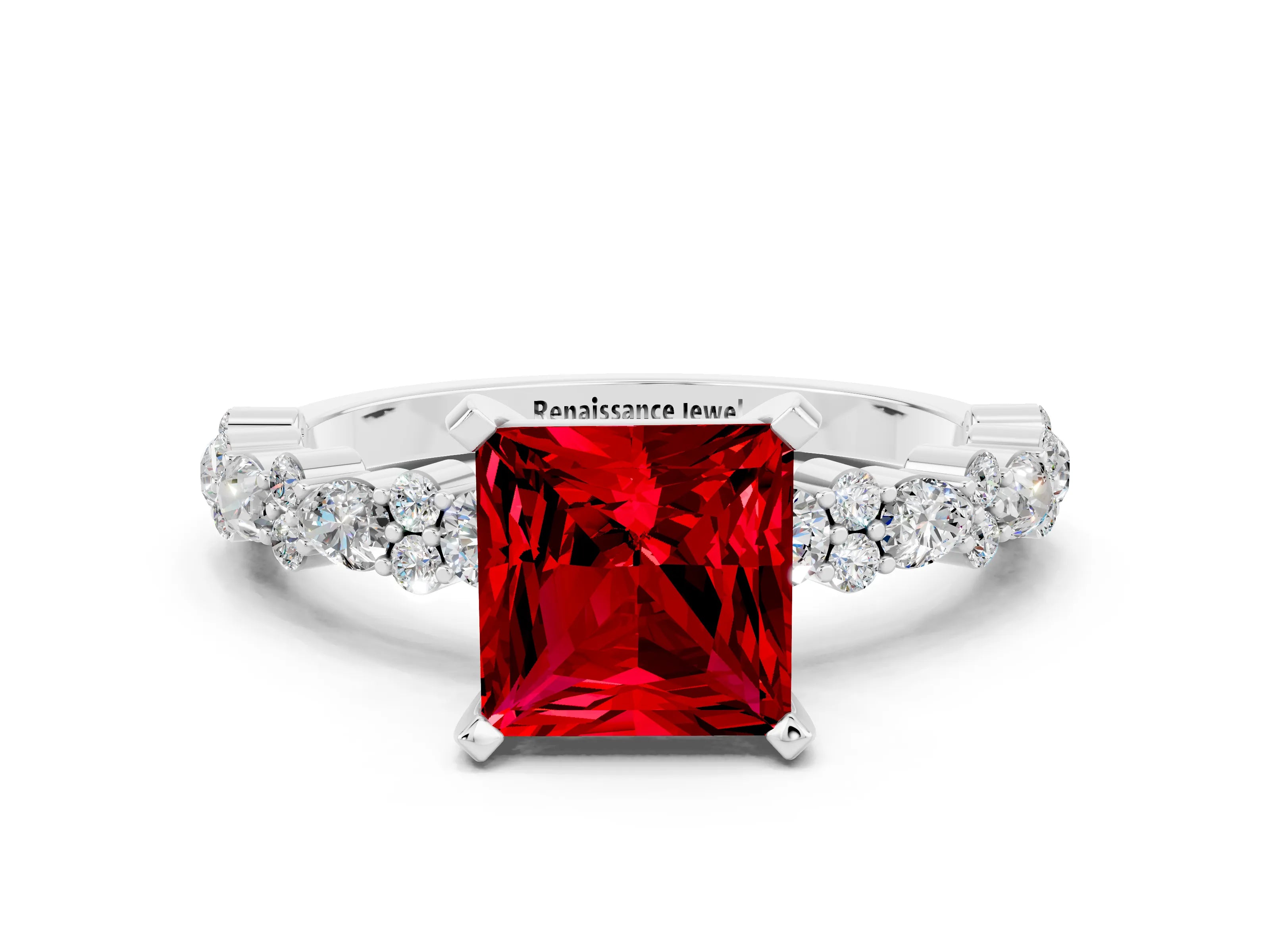 White gold Princess Cut Ruby Solitaire with Side Stones, Pave Band, Four-Prong Setting_36
