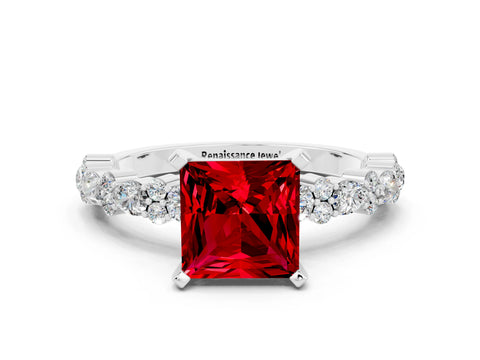 White gold Princess Cut Ruby Solitaire with Side Stones, Pave Band, Four-Prong Setting_36
