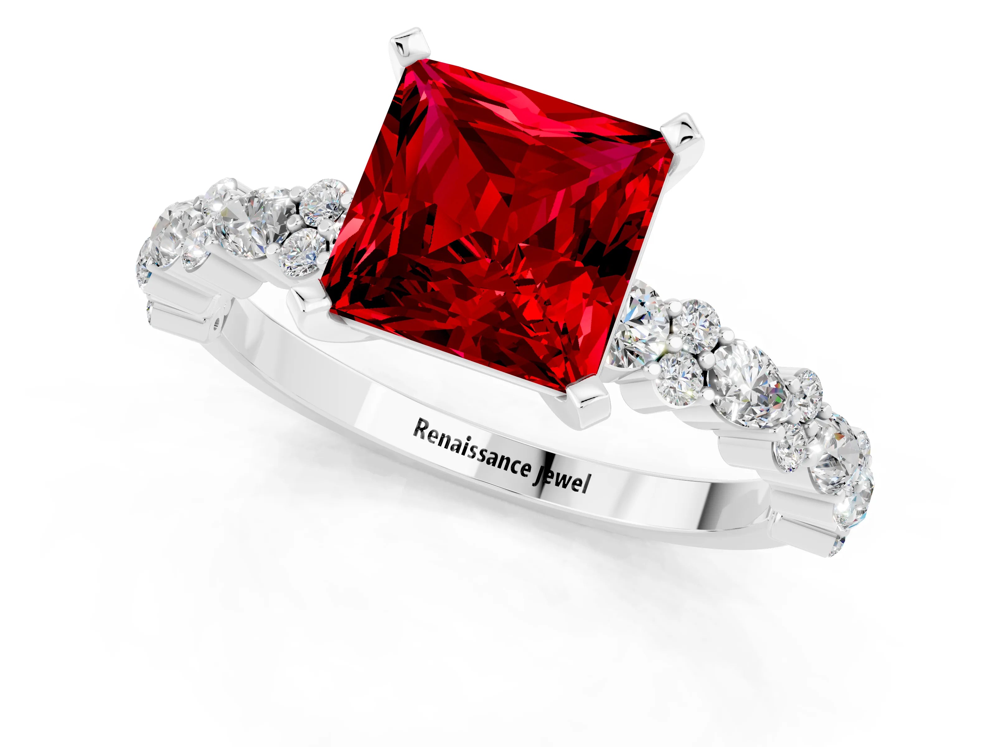 White gold Princess Cut Ruby Solitaire with Side Stones, Pave Band, Four-Prong Setting_37