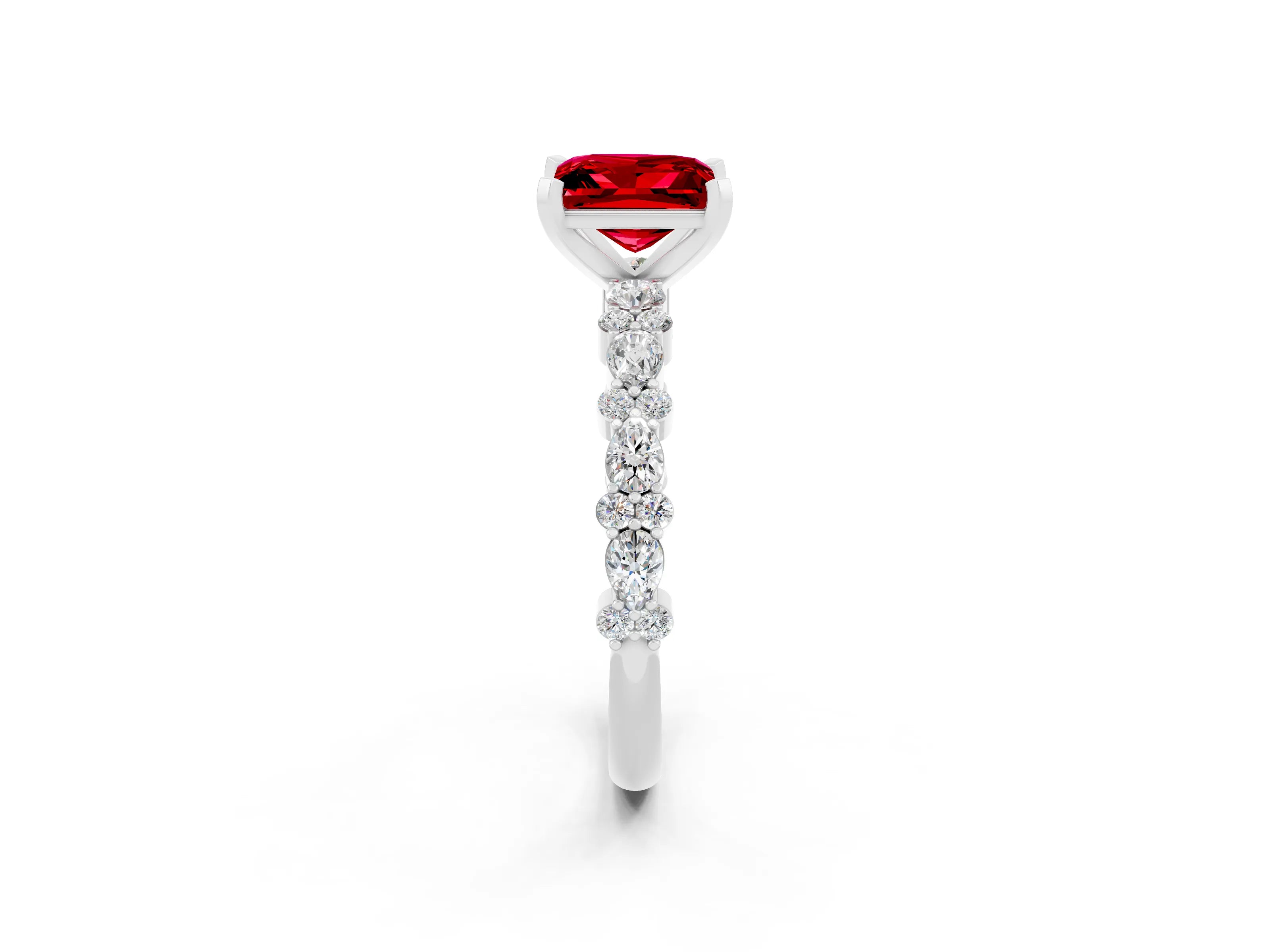 White gold Princess Cut Ruby Solitaire with Side Stones, Pave Band, Four-Prong Setting_38