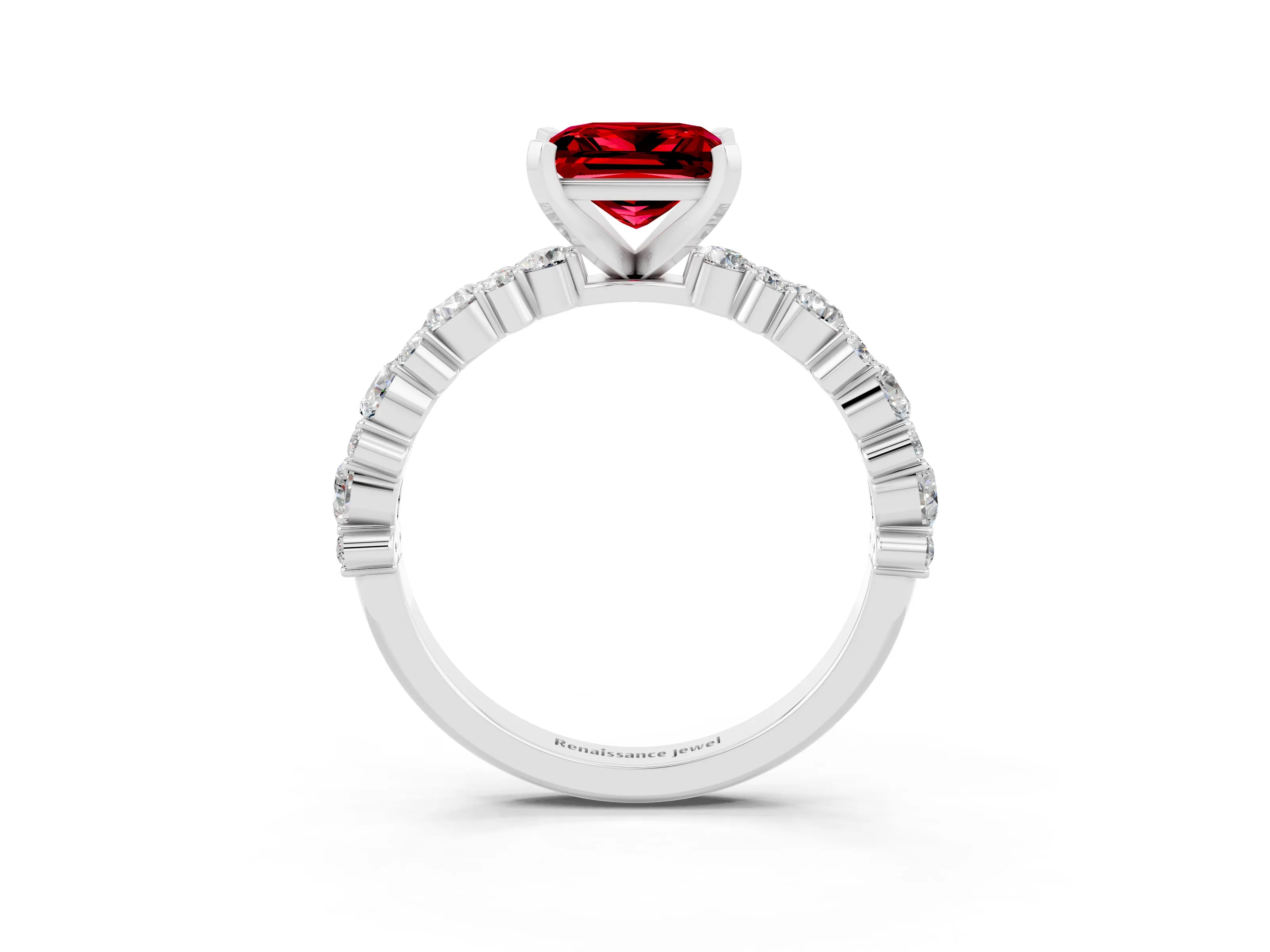 White gold Princess Cut Ruby Solitaire with Side Stones, Pave Band, Four-Prong Setting_39