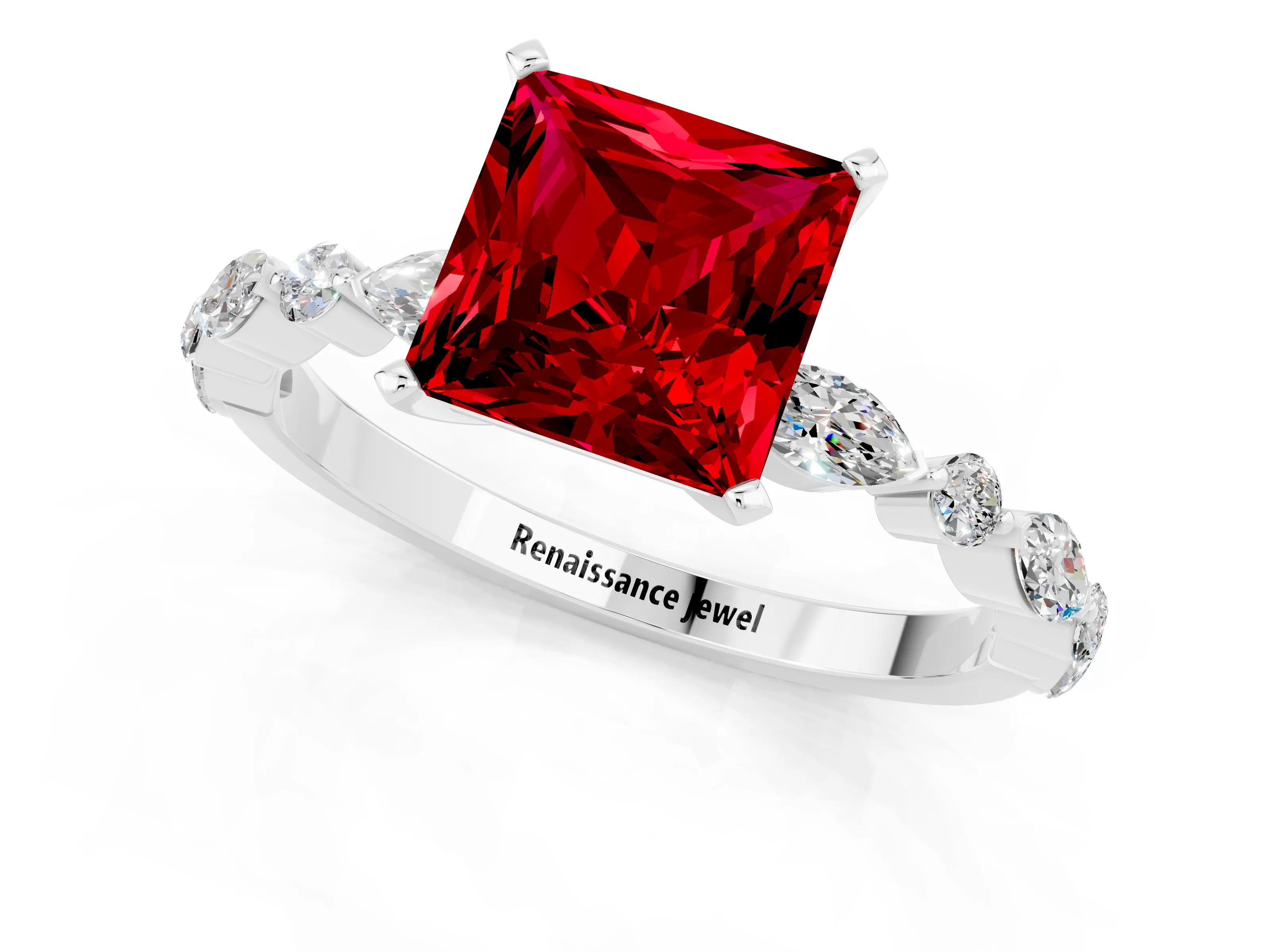 White gold Princess Cut Ruby Solitaire with Side Stones on a Pavé Band and Four-Prong Setting_1