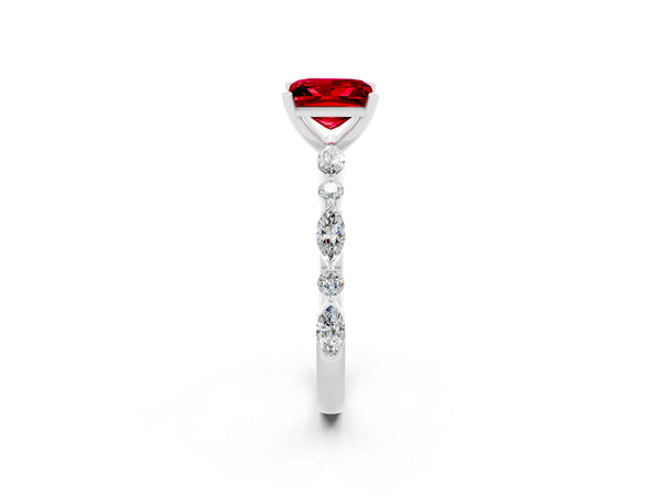 Platinum Princess Cut Ruby Ring with Marquise and Round  Side Stones and Four-Prong Setting