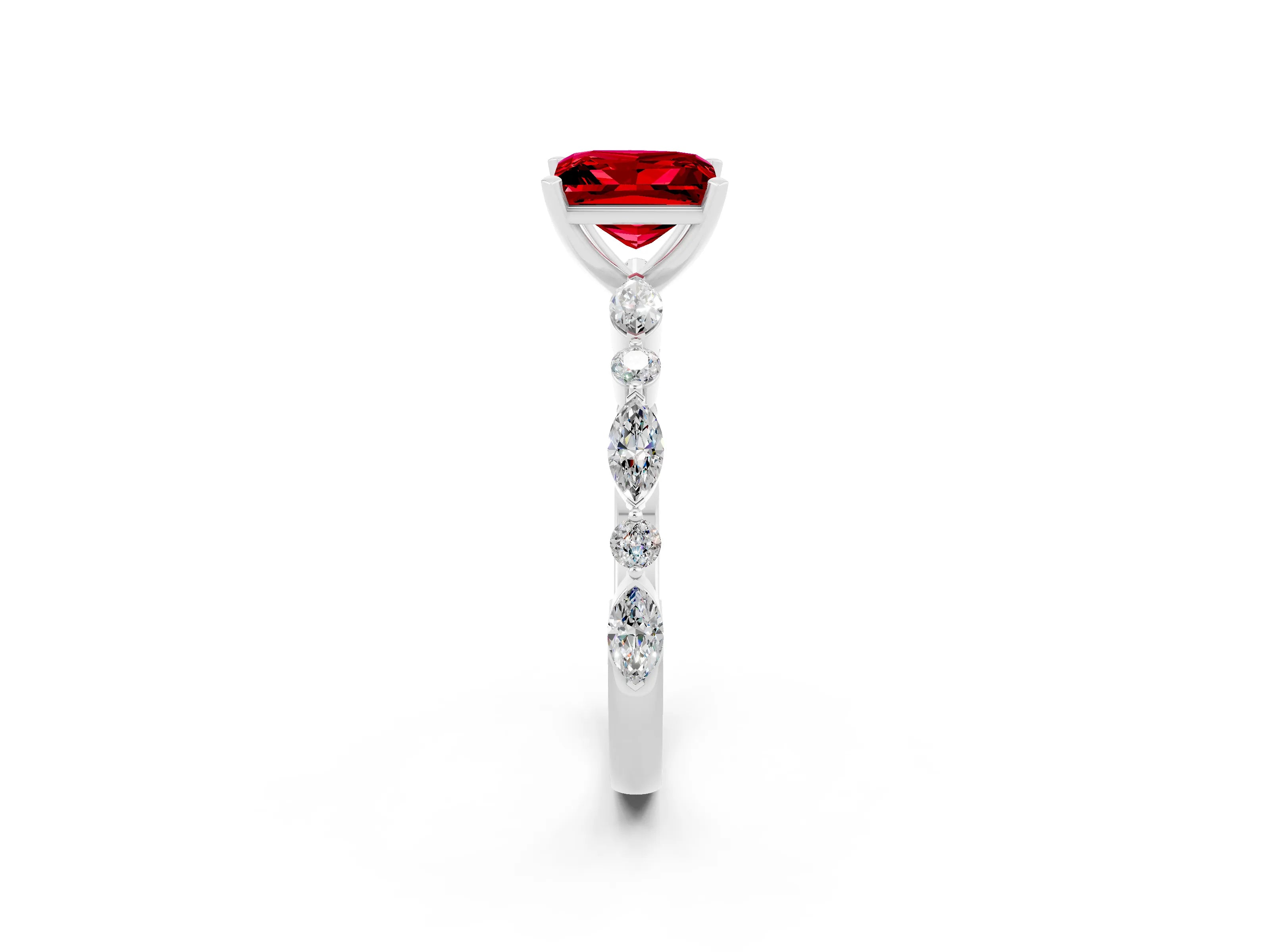 White gold Princess Cut Ruby Solitaire with Side Stones on a Pavé Band and Four-Prong Setting_2