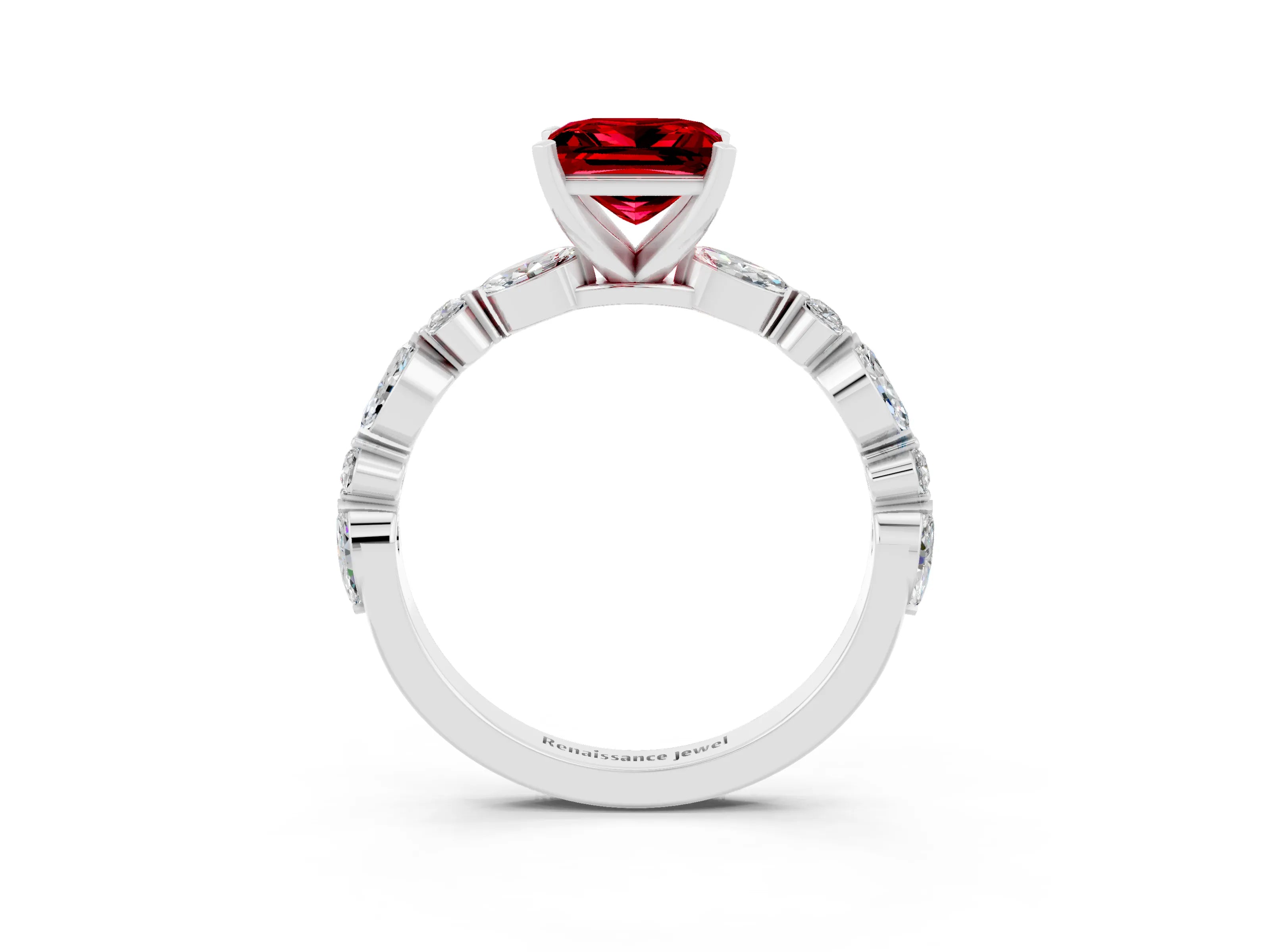 White gold Princess Cut Ruby Solitaire with Side Stones on a Pavé Band and Four-Prong Setting_3