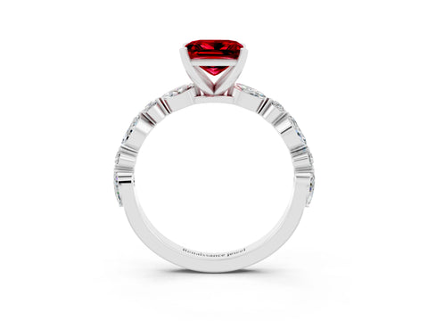 White gold Princess Cut Ruby Solitaire with Side Stones on a Pavé Band and Four-Prong Setting_3