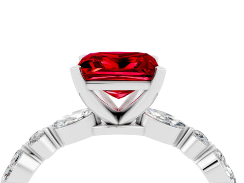 White gold Princess Cut Ruby Solitaire with Side Stones on a Pavé Band and Four-Prong Setting_4
