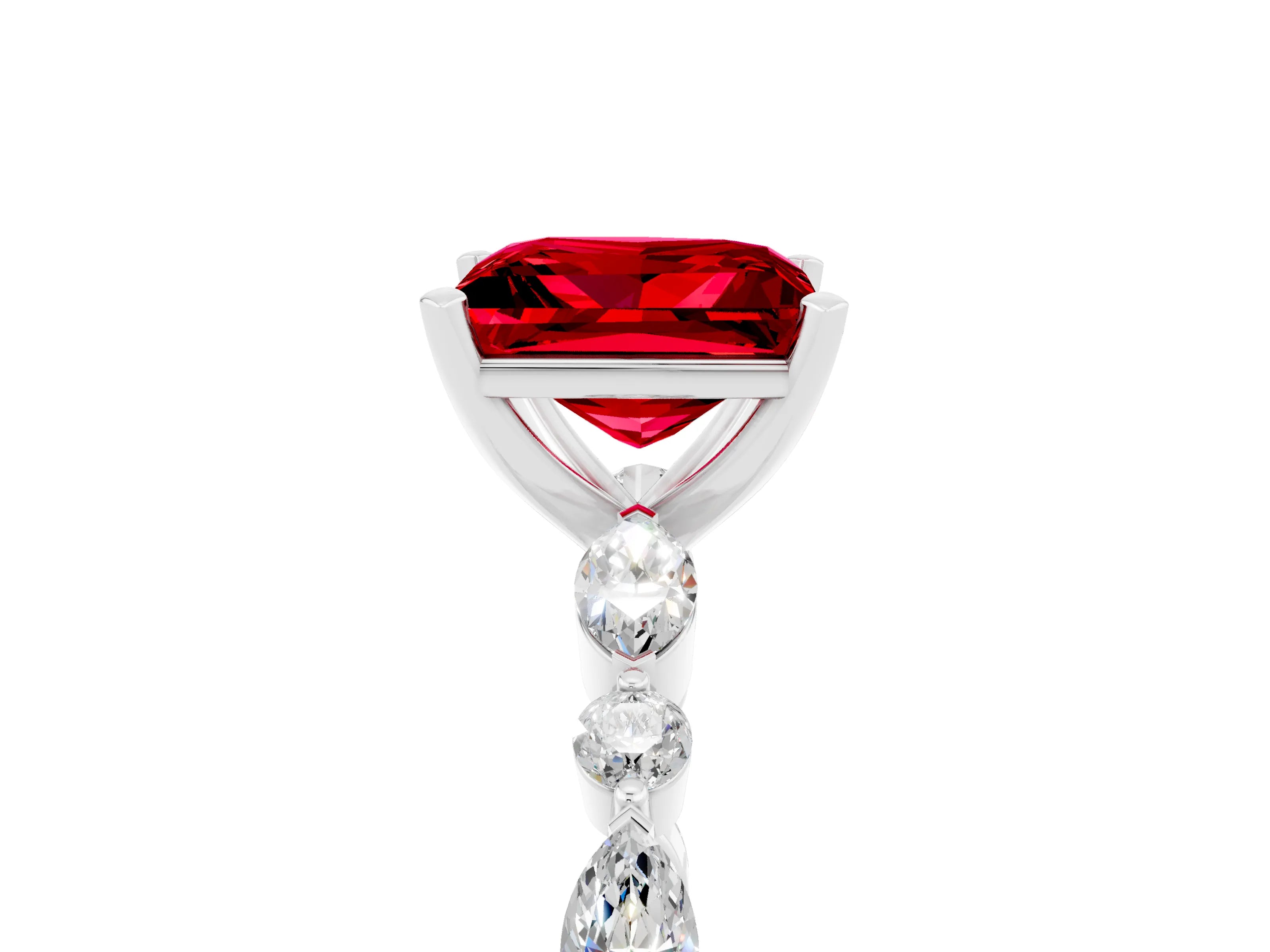 White gold Princess Cut Ruby Solitaire with Side Stones on a Pavé Band and Four-Prong Setting_5