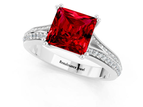 White gold Princess Cut Ruby Split Shank Engagement Ring with Pavé Band_1