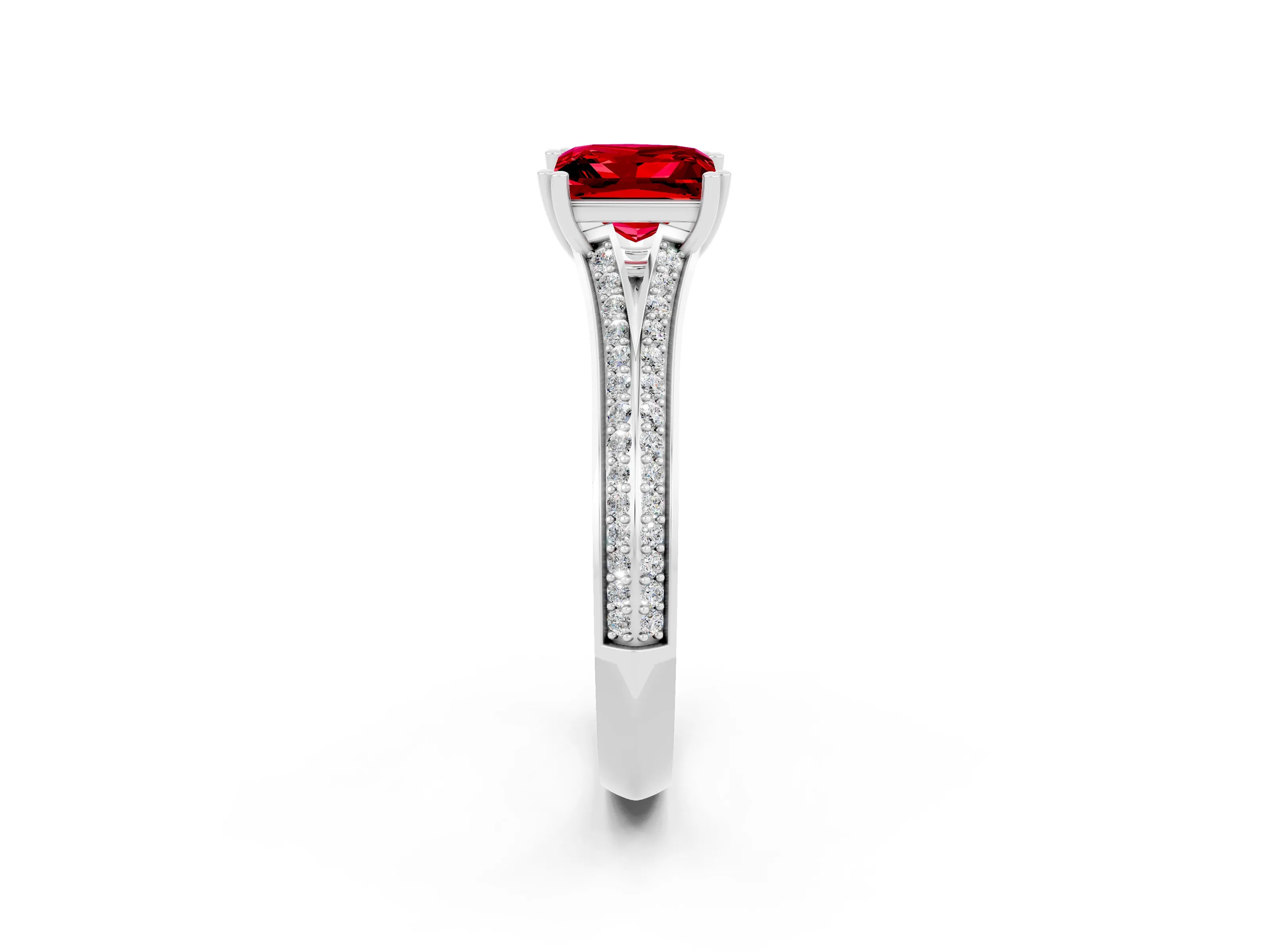 White gold Princess Cut Ruby Split Shank Engagement Ring with Pavé Band_2