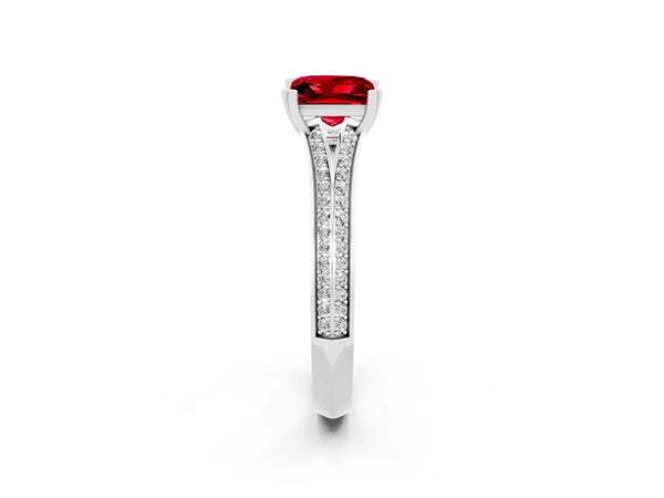 Silver Princess Cut Ruby Split Shank Engagement Ring with Pavé Band