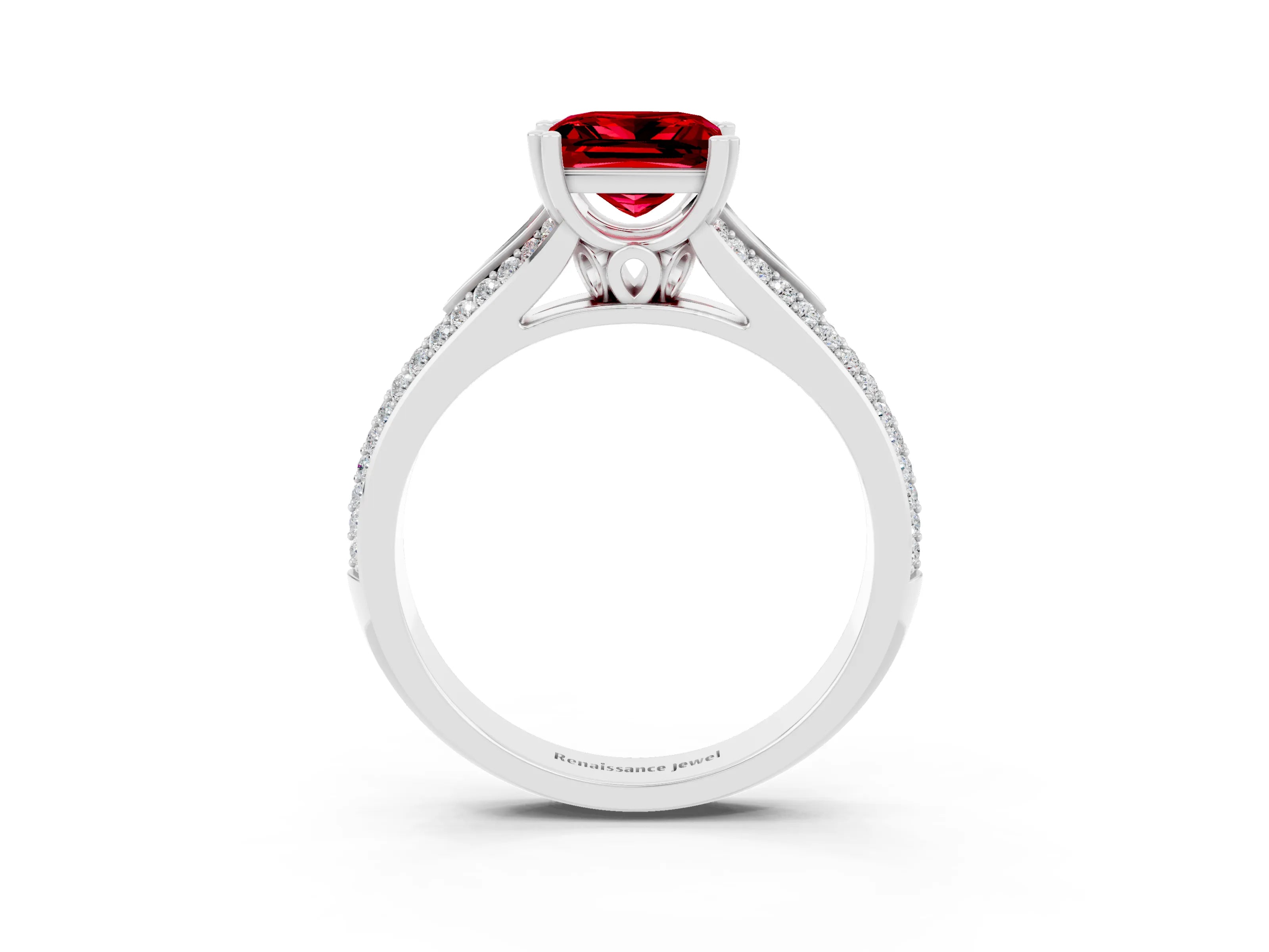 White gold Princess Cut Ruby Split Shank Engagement Ring with Pavé Band_3