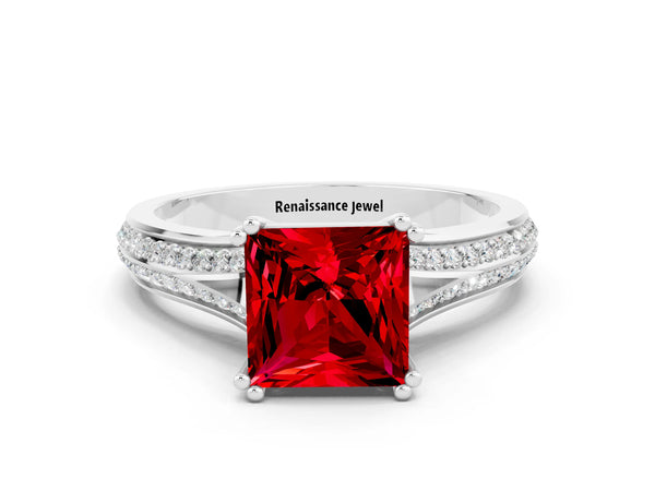 White gold Princess Cut Ruby Split Shank Engagement Ring with Pavé Band