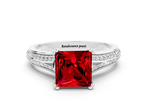 White gold Princess Cut Ruby Split Shank Engagement Ring with Pavé Band