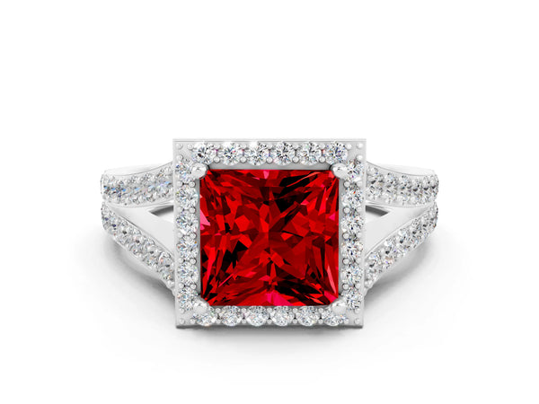 Platinum Princess Cut Ruby Split Shank Halo Ring with Four-Prong Setting