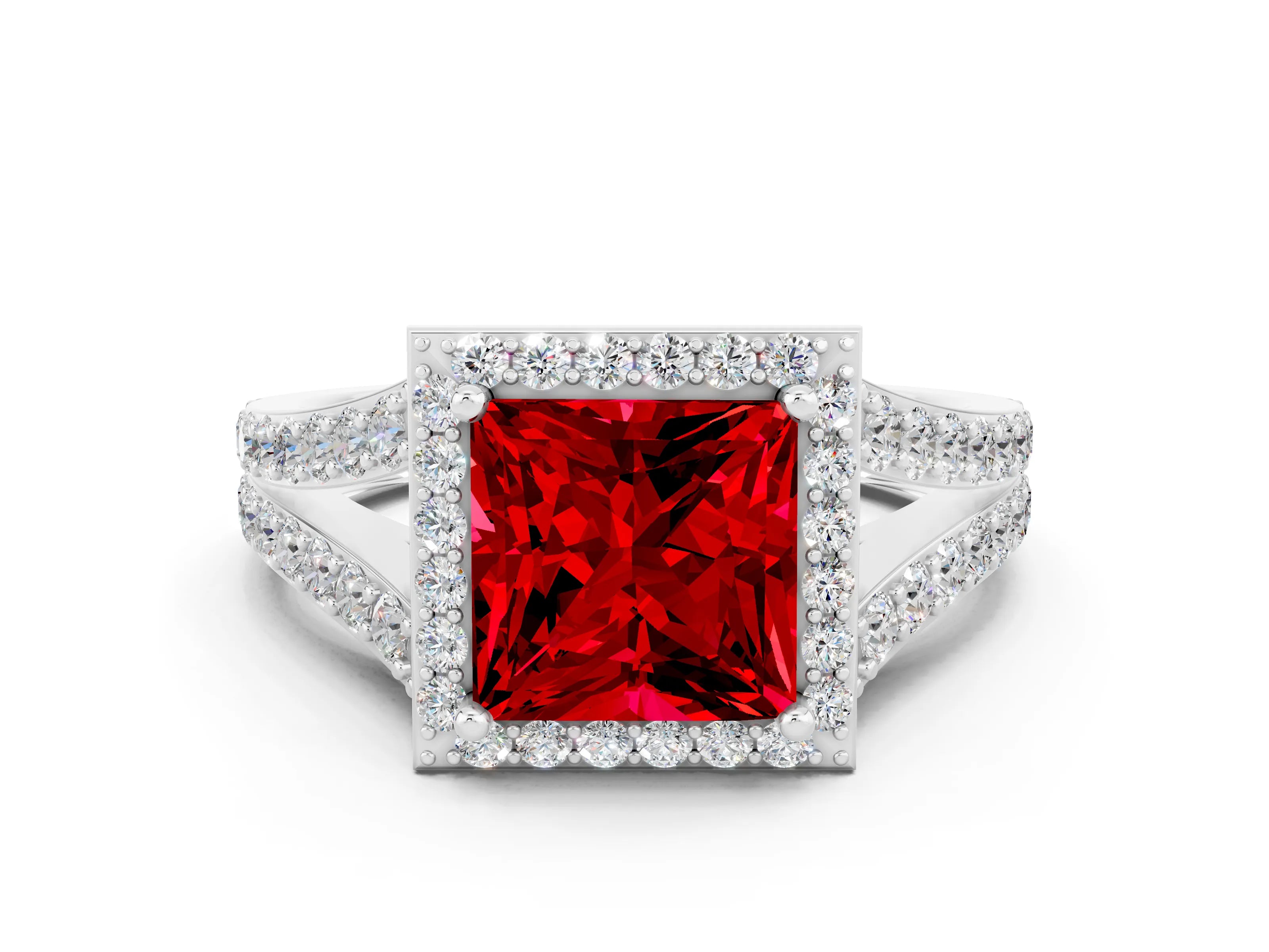 White gold Princess Cut Ruby Split Shank Halo Ring with Four-Prong Setting_60