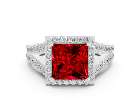 White gold Princess Cut Ruby Split Shank Halo Ring with Four-Prong Setting_60