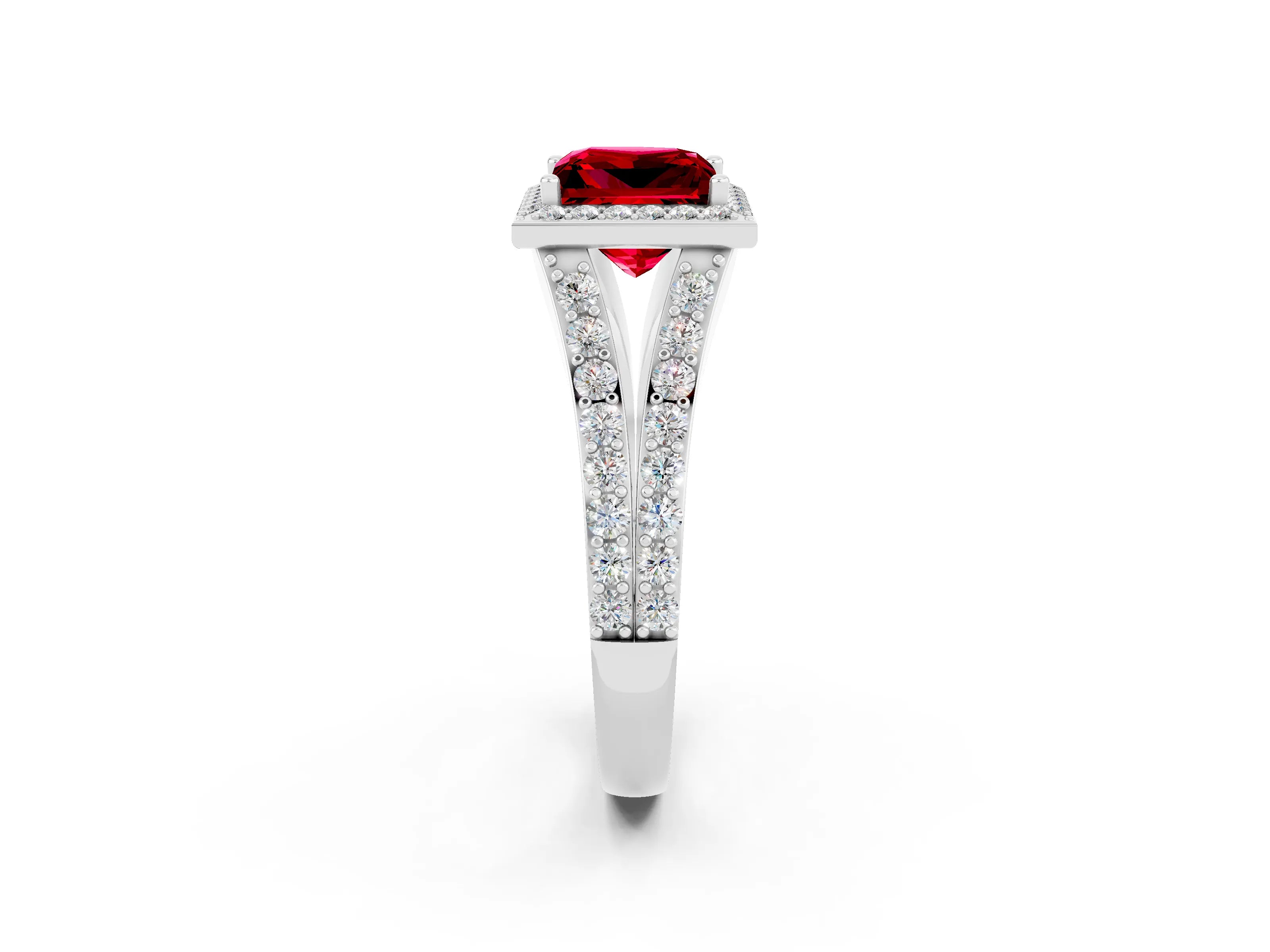 White gold Princess Cut Ruby Split Shank Halo Ring with Four-Prong Setting_62