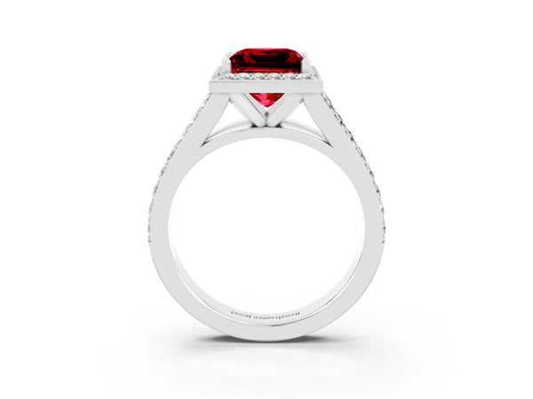 Platinum Princess Cut Ruby Split Shank Halo Ring with Four-Prong Setting
