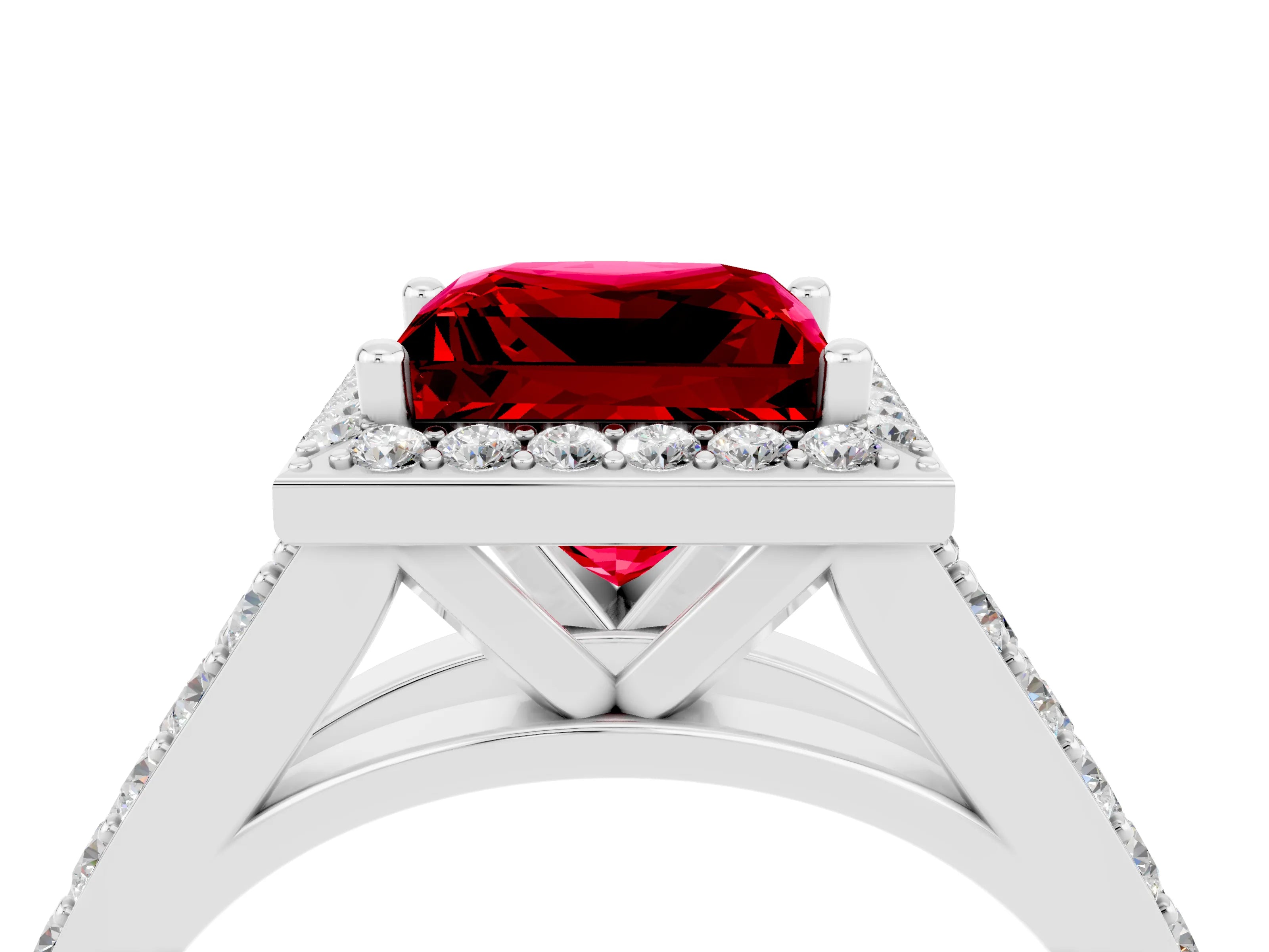 White gold Princess Cut Ruby Split Shank Halo Ring with Four-Prong Setting_64
