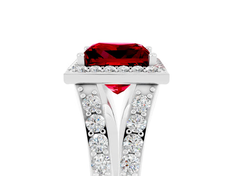 White gold Princess Cut Ruby Split Shank Halo Ring with Four-Prong Setting_65