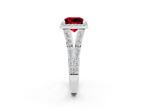 White gold Princess Cut Ruby Split Shank Halo Ring with Four-Prong Setting_66