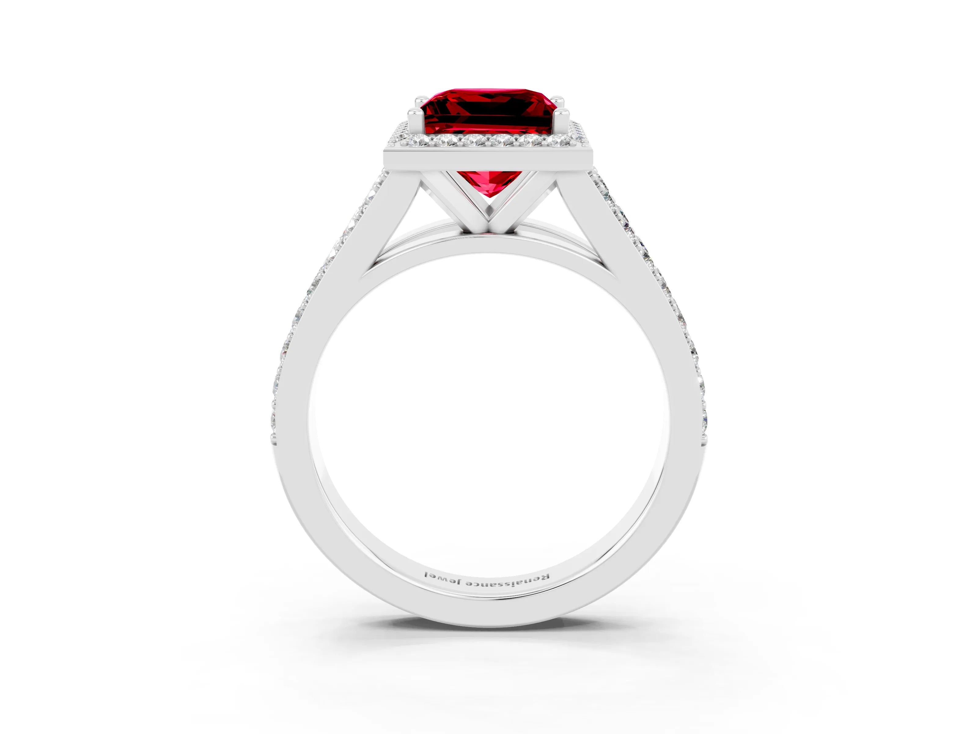 White gold Princess Cut Ruby Split Shank Halo Ring with Four-Prong Setting_67