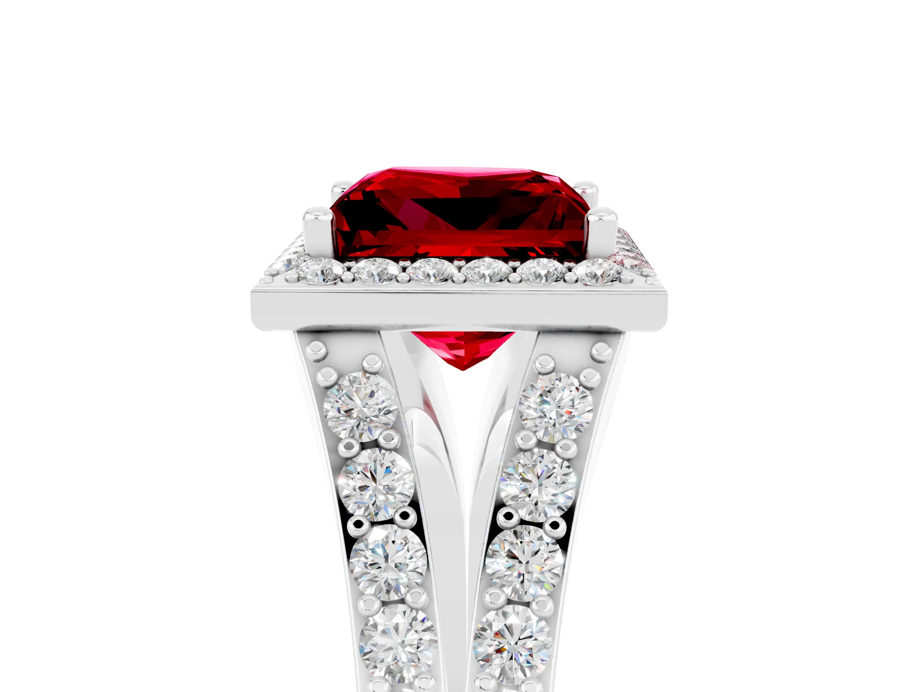White gold Princess Cut Ruby Split Shank Halo Ring with Four-Prong Setting_69