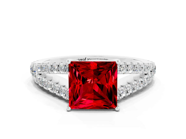 Silver Princess Cut Ruby Split Shank Pavé Engagement Ring with Four-Prong Setting
