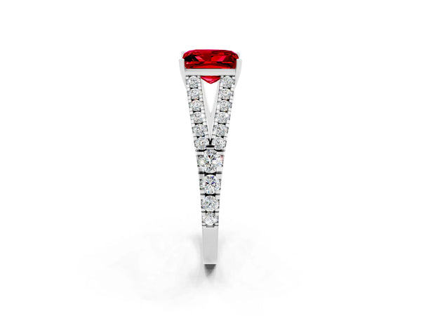 Platinum Princess Cut Ruby Split Shank Pavé Engagement Ring with Four-Prong Setting