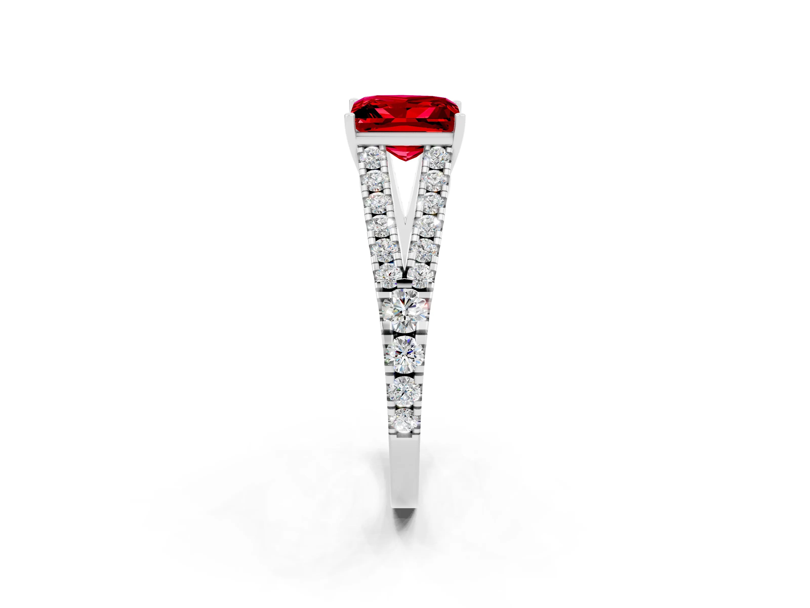 White gold Princess Cut Ruby Split Shank Pavé Engagement Ring with Four-Prong Setting_14