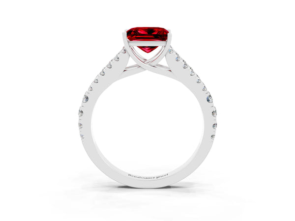 Platinum Princess Cut Ruby Split Shank Pavé Engagement Ring with Four-Prong Setting