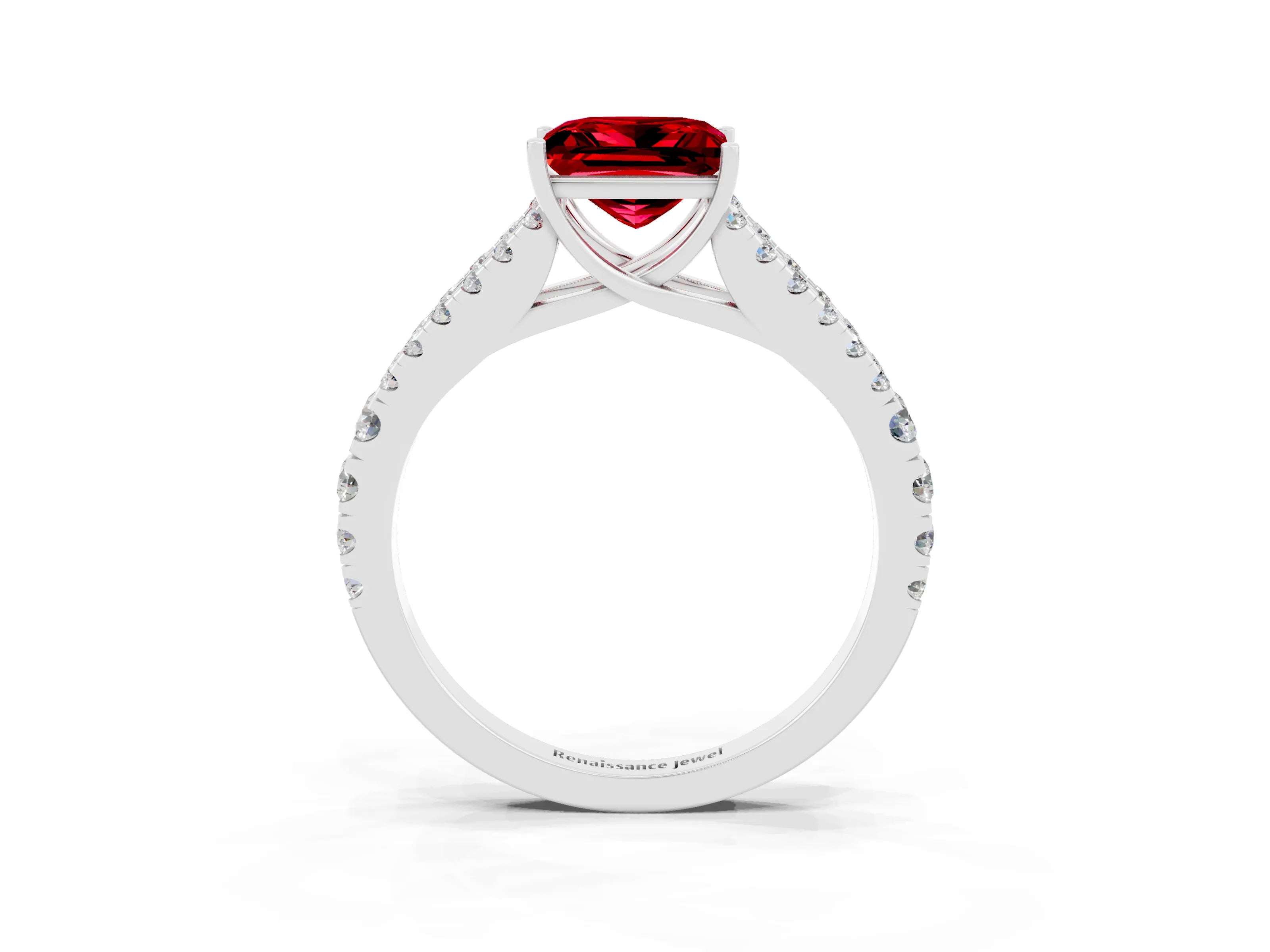 White gold Princess Cut Ruby Split Shank Pavé Engagement Ring with Four-Prong Setting_15