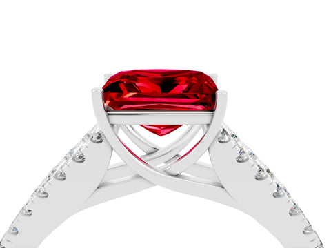 White gold Princess Cut Ruby Split Shank Pavé Engagement Ring with Four-Prong Setting_16