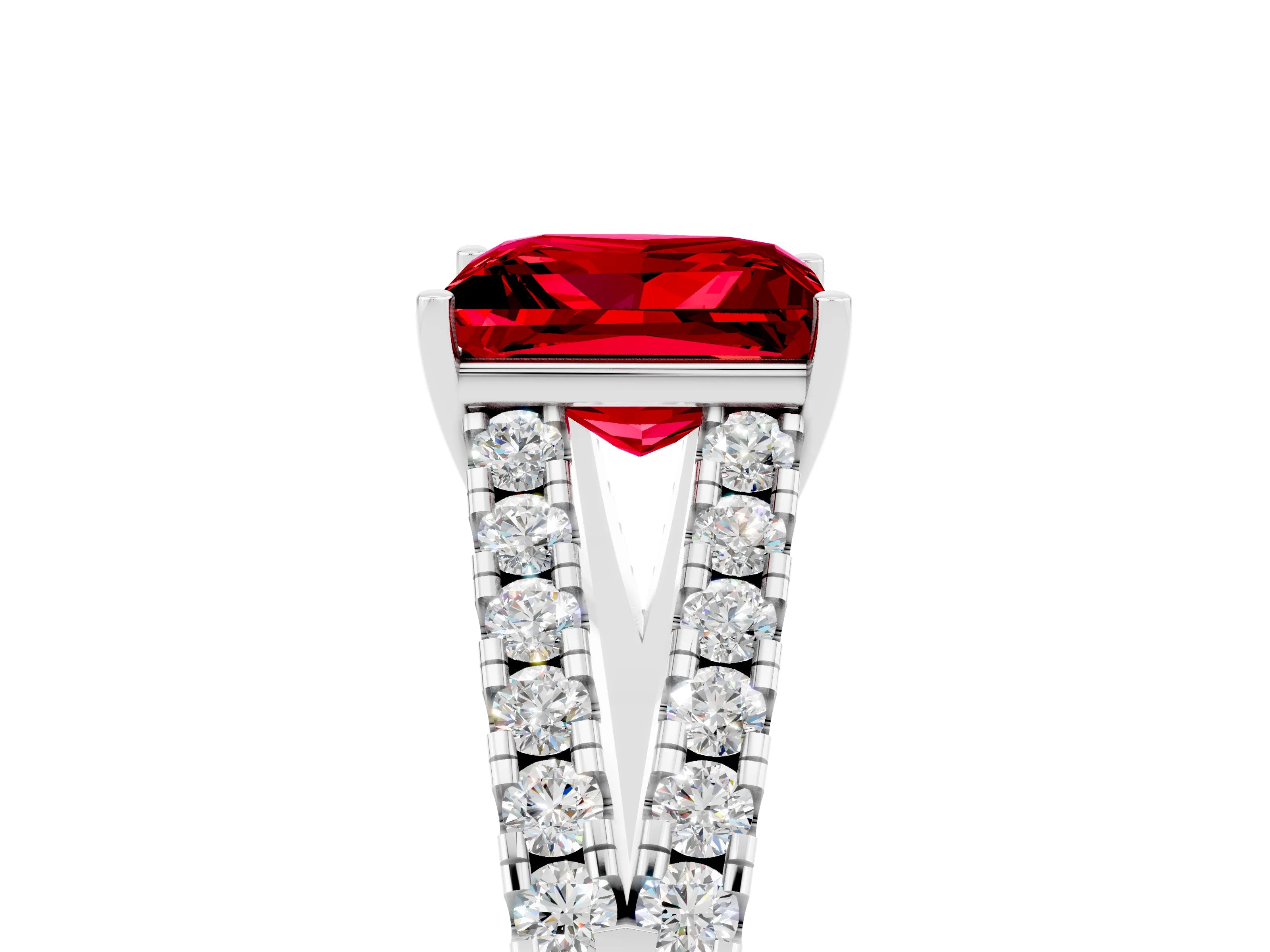 White gold Princess Cut Ruby Split Shank Pavé Engagement Ring with Four-Prong Setting_17